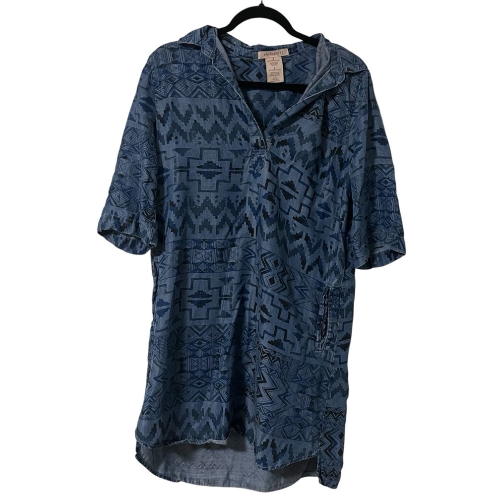 Philosophy Medium Tunic Shirt Dress with pockets Aztec Print Denim Chmabray